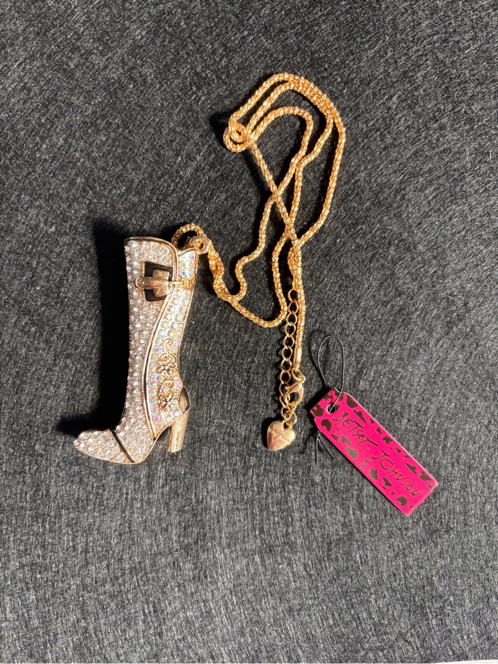 Betsey Johnson Rhinestone Gold Boot Pendant Necklace with Tag